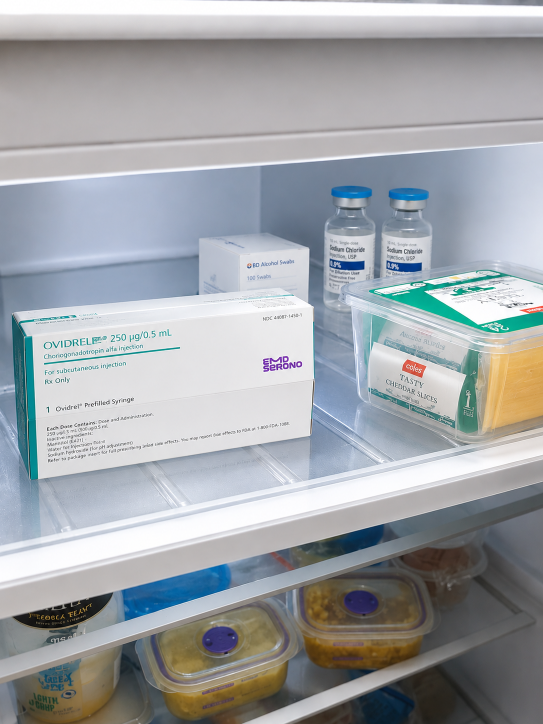 Ovidrel 250 stored in a home fridge alongside everyday food including Coles cheddar slices