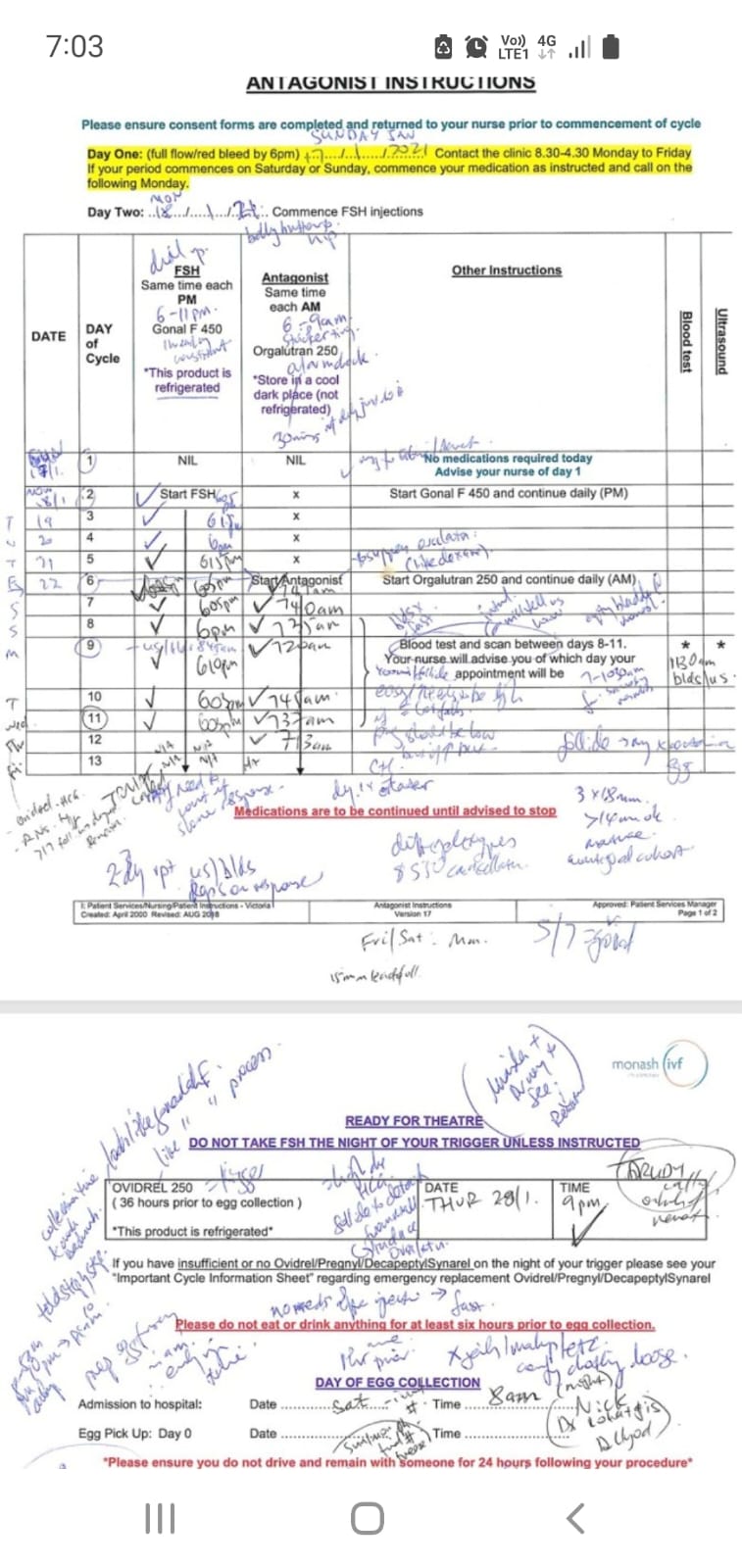 Real IVF antagonist protocol sheet showing Ovidrel 250 trigger at 9pm Thursday, 36 hours before egg collection Saturday 8am