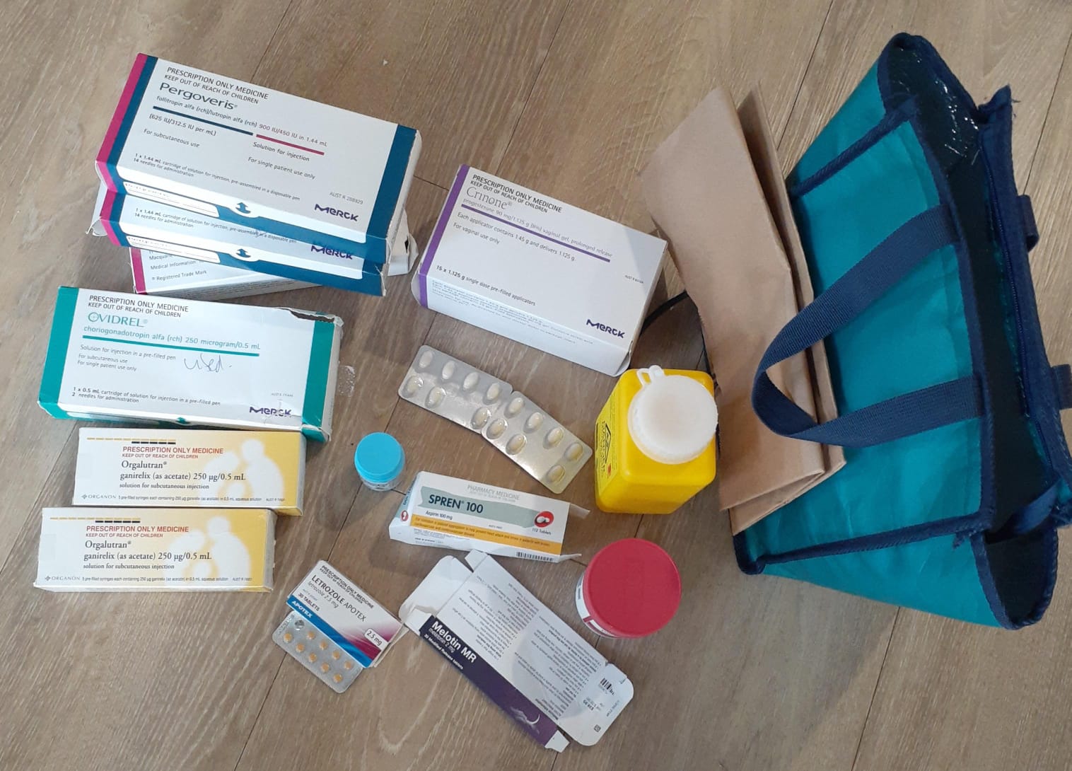 IVF medication pack showing Pergoveris, Ovidrel, Orgalutran, Crinone, Letrozole and other medications