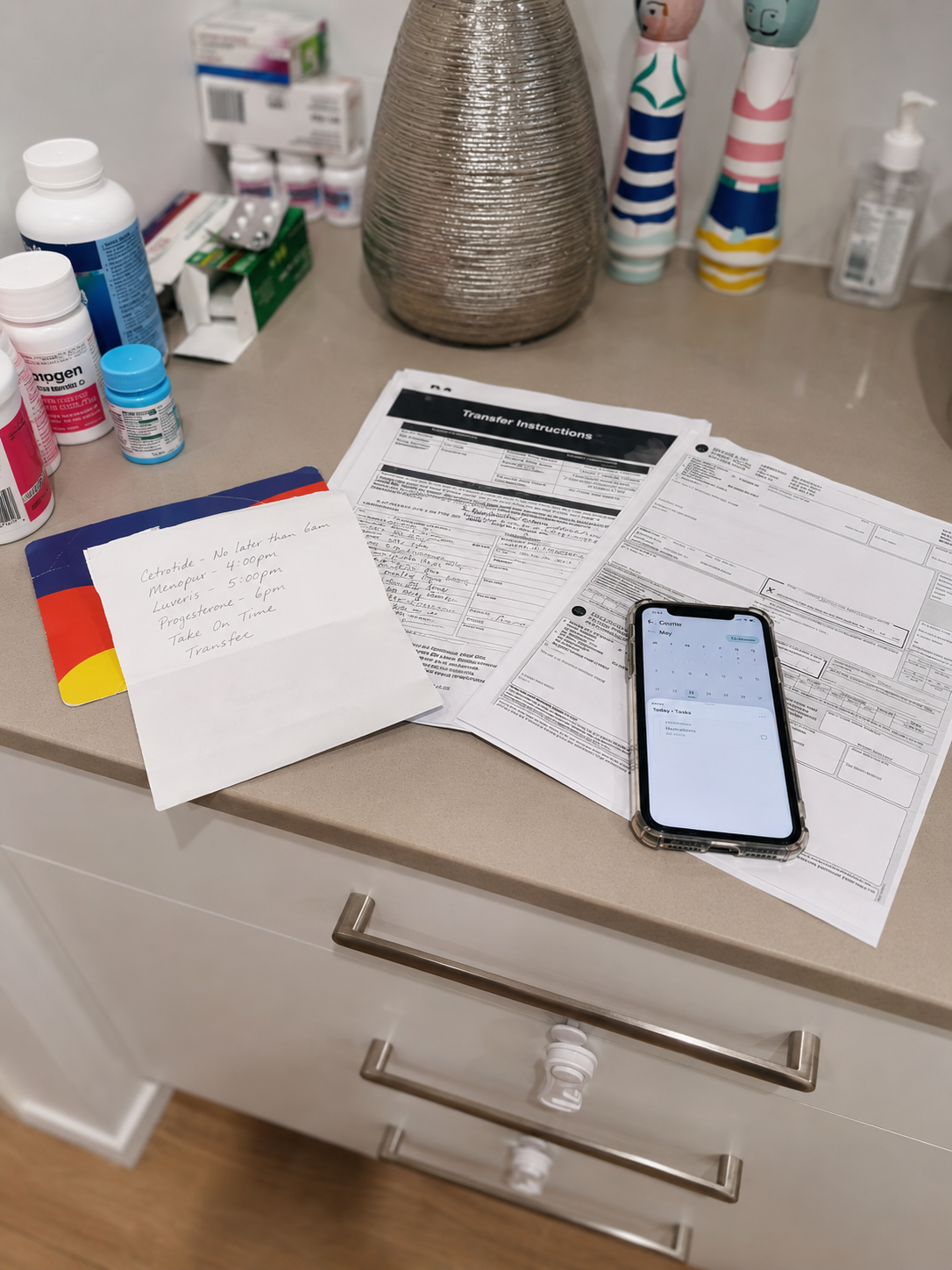 IVF instructions, medications and handwritten notes on a kitchen bench