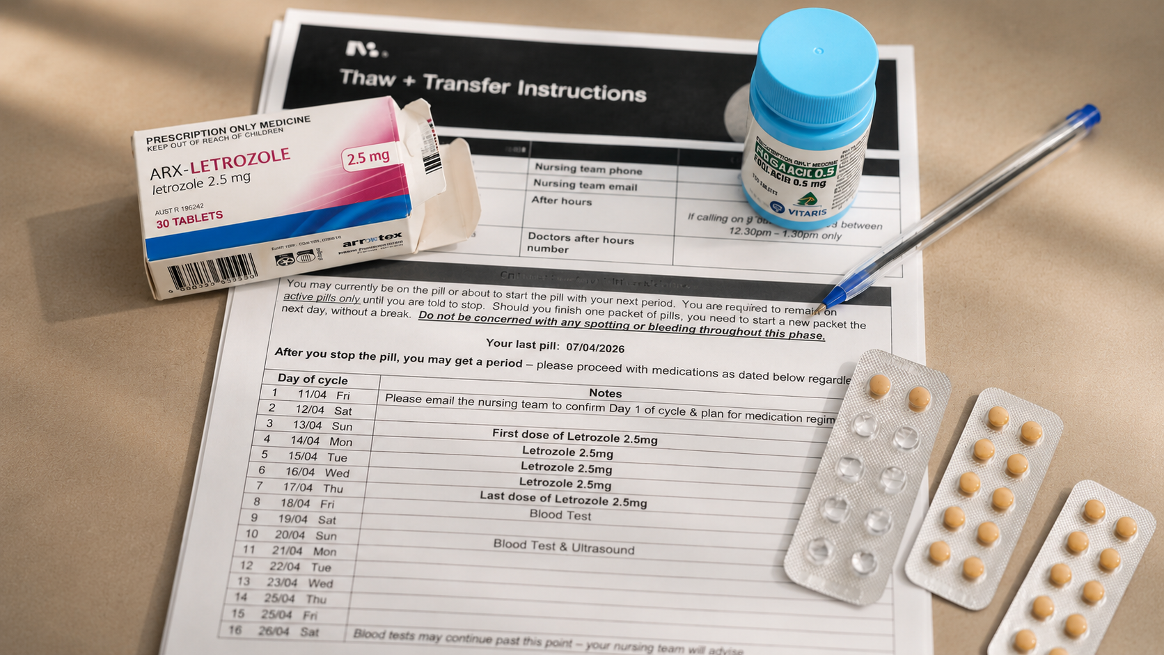IVF medication schedule and treatment instructions laid out on a desk with tablets, handwritten notes, and fertility medications during a treatment cycle.